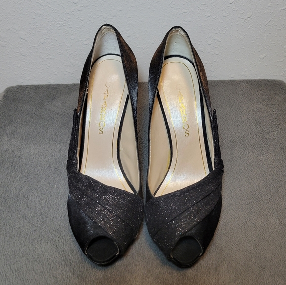 Caparros sz9 Odessa Black Satin Peep Toe  Platform Stiletto Evening Pumps Shoes - Picture 1 of 4